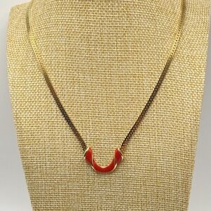 Gold Tone Necklace Vintage Red Enamel Statement Retro 21.5"